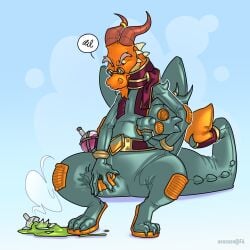 1:1 2025 3_toes activision anthro biped blue_background bulge cedric_(spyro) claws clothed clothing digital_media_(artwork) dragon eyewear feet frustrated gas_mask gimp glasses hi_res horn horn_jewelry horn_ring jewelry latex lock_bulge mask mythological_creature mythological_scalie mythology nennsen orange_body potion rescued_dragons_(spyro) ring_(jewelry) scalie scarf simple_background solo spikes spikes_(anatomy) spyro_reignited_trilogy spyro_the_dragon toe_claws toes wings zipper zipper_mouth