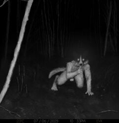 absurd_res anthro athletic balls black_body black_fur black_nose border_collie camera camera_view canid canine canis claws collie crawling crouching domestic_dog ears_up evk forest fur genitals glowing glowing_eyes herding_dog hi_res male mammal monochrome multicolored_body muscular muscular_male night pastoral_dog plant sheepdog silence_gesture solo tail trail_cam tree white_body white_fur