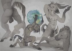 animal_genitalia anthro anus ass athletic athletic_anthro athletic_male backsack balls dock_(anatomy) earth equid equine equine_anus fully_sheathed genitals grey_background holding_planet hooves horse kneeling male mammal nipples nude_anthro nude_male perineum planet puffy_anus rear_view relaxing saggy_balls sheath simple_background solo tail technesaurus