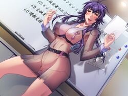 areolae breasts censored clothed_masturbation clothing discreet_vibrator female game_cg highres kanji large_breasts legs long_hair masturbation nipples open_mouth paper purple_hair pussy red_eyes saiminjutsu_2 see-through sheer skirt solo standing teacher thighs vibrator vibrator_under_clothes wet yoshino_keiko