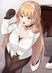 1girls arm_up azur_lane black_bra black_choker black_gloves black_pantyhose blonde_hair blue_eyes blush bra bra_peek breasts choker cleavage clenched_hand collarbone cowboy_shot cross cross_choker embarrassed female_focus gloves gluteal_fold hair_tie hairband have_to_pee indoors jacket lace lace-trimmed_bra lace_trim large_breasts latin_cross legs_together long_hair long_sleeves minamimachi_naname miniskirt multiple_views north_carolina_(azur_lane) open_mouth panties panties_under_pantyhose pantyhose peeing peeing_self pencil_skirt red_panties shoes sidelocks skirt skirt_tug standing tears teeth underwear urine very_long_hair wet wet_clothes wet_panties white_footwear white_hairband white_jacket white_skirt wooden_floor