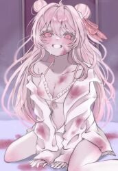 blood blood_on_face blood_stain breasts collared_shirt constricted_pupils crazy_eyes crazy_smile creepy creepy_smile female happy_sugar_life lingerie matsuzaka_satou medium_breasts open_shirt white_clothing