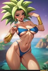 ai_generated armlet artist_request bangs bare_shoulders big_hair bikini blue_bikini blue_eyes blush bracelet bracer breasts cameltoe cleavage clothing dragon_ball dragon_ball_super earrings female female_only green_hair highleg jewelry kefla kefla_(dragon_ball) large_breasts lipstick looking_at_viewer makeup navel o-ring o-ring_bikini open_mouth outdoors potara_earrings red_lips saiyan skindentation sky smile solo spiked_hair standing stomach strap_pull super_saiyan swimsuit thick_thighs thighs vambraces water wide_hips