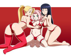 3girls adult_swim ass bikini black_hair blonde_hair bra breasts cleavage female female_only green_eyes hand_on_breast human hyuuga_hinata ino_yamanaka large_breasts lingerie long_hair looking_back multiple_girls naruto navel pale_skin panties pervyangel pink_hair ponytail purple_eyes red_background red_panties sakura_haruno short_hair spread_legs take_your_pick thighhighs tied_hair toonami white_background yuri