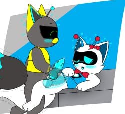 anal anal_sex animal_genitalia animal_penis anthro anthro_on_anthro big_tail blue_penis blush bodily_fluids bow_ribbon canid canine canine_genitalia canine_penis canis colored digital_drawing_(artwork) digital_media_(artwork) domestic_cat domestic_dog duo felid feline felis femboy feral feral_on_feral feral_penetrated fluffy fluffy_tail genital_fluids genitals hand_on_chest handjob handjob_while_penetrating heart_symbol hi_res hikiwi internal katie_(hikiwi) knot knotted_penis lying machine male male/male male_penetrated mammal moan one_eye_closed open_mouth penetration penile penile_penetration penile_spines penis penis_in_ass precum robot robot_anthro screen_eyes sex simple_background size_difference spread_legs spreading tail through_wall tongue tongue_out translucent