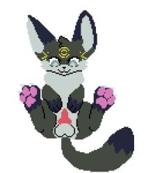 3_toes balls canid canine claws digital_media_(artwork) feet feral foot_focus fox fur genitals grey_body grey_fur high-angle_view hindpaw lying male mammal markings moonbat on_back pawpads paws penis pink_pawpads pixel_(artwork) presenting solo toes white_body white_fur