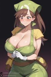 1female 1girl 1girls 2026 ai_generated artist_name bag bandana bangs big_ass big_breasts blush breasts brown_eyes brown_hair cleavage closed_mouth collarbone curvy gloves gradient gradient_background green_headwear hi_res high_quality high_resolution highres huge_ass huge_breasts large_breasts long_hair looking_at_viewer looking_down mole mole_on_breast overalls patreon patreon_username pokemon pokemon_breeder pokemon_xy pouch shirt short_sleeves smile solo unjobdespiert watermark white_gloves