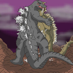 ambiguous_gender anguirus blush closed_eyes couple cum godzilla godzilla_(series) horn kaiju male monster open_mouth reptile saliva scalie sex spikes spines standing unknown_artist