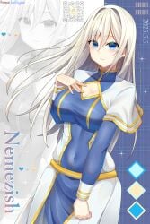 absurdres barcode blue_dress blue_eyes blush breasts capelet cleavage cleavage_cutout closed_mouth clothing_cutout commission commissioner_upload covered_navel dress female hair_between_eyes hand_on_own_chest highres long_hair long_sleeves looking_at_viewer lori_hagami medium_breasts nemezish official_art patreon_username qr_code smile solo very_long_hair ways_of_darkness_(series) white_capelet white_hair