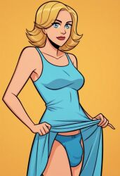 1futa 2d 2d_(artwork) ai_generated blonde_futa blonde_hair blonde_hair_blue_eyes blondshell blue_eyes blue_panties breasts bulge civitai cleavage clothed clothed_futanari clothes_lift cowboy_shot dress_lift futanari lifting_dress light-skinned_futanari light_skin looking_at_viewer medium_breasts panties simple_background society_of_virtue_(style) solo