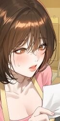 1girls apron blush brown_hair cleavage lipstick manhwa my_landlady_noona nail_polish orange_eyes seo_hari shirt short_hair