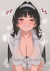 absurdres astra_yao black_hair blunt_bangs breasts cleavage covered_erect_nipples earrings female grin hair hairband heart highres in_heat jewelry large_breasts leaning_forward looking_at_viewer mana_(uyvh7375) no_bra posing pov seductive shirt smile solo white_hairband white_shirt zenless_zone_zero