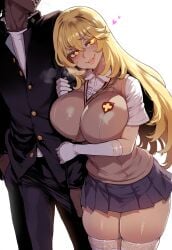 ai_generated arm_hug arms_around_partner blonde_hair blush couple couple_(romantic) elbow_gloves gakuran gigantic_breasts glowing_eyes heart height_difference huge_breasts hugging_another interracial lips looking_away school_uniform shokuhou_misaki short_skirt side_by_side skindentation skirt smirk smug steam sweat taboo_tao thick_lips thick_thighs thighhighs to_aru_kagaku_no_railgun to_aru_majutsu_no_index walking yellow_eyes