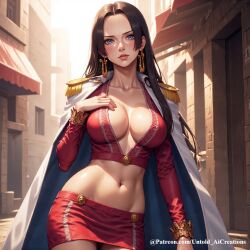 1girls ai_generated big_breasts boa_hancock breasts cleavage cute female female_only light-skinned_female light_skin long_hair one_piece public seductive skirt solo solo_female untoldaicreations untoldcreate