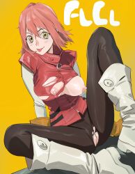 absurdres cleft_of_venus commentary copyright_name english_commentary female flcl gloves haruko_haruhara highres nipples pink_hair pussy simple_background solo taiyang_yu tongue tongue_out torn_clothes white_footwear yellow_background yellow_gloves