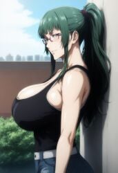 1boy 1girls ai_generated bare_shoulders big_breasts big_hips blush clothing curvy female female_focus female_only glasses green_hair huge_breasts jujutsu_kaisen kikia1 pants patreon ponytail ripped_clothing skindentation sneakers t-shirt tagme tagme_(artist) tight tight_clothing torn_clothes zenin_maki