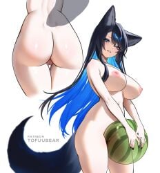 ass_focus beach_ball big_ass big_breasts black_nail_polish dimples_of_venus naked_female nipples pussy_peek pussy_visible_through_thighs reiko_(tofuubear) thick_thighs tofuubear wolf_ears wolf_girl wolf_tail