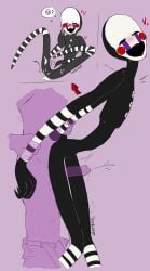 3_fingers ambiguous_gender ambiguous_man animatronic arched_back arms_held_back black_eyes blush classic_fnaf_2_marionette classic_fnaf_2_puppet cum cum_on_thighs five_nights_at_freddy's five_nights_at_freddy's_2 human_on_humanoid humanoid intercrural_sex marionette_(fnaf) null_crotch puppet_(fnaf) rjdegen see-through smiling sticky striped_arms striped_legs swirl_pattern thin_waist white_pupils