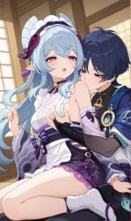 1boy 1girls ai_generated blue_eyes blue_hair breast_grab breasts elf elf_female genshin_impact groping scaramouche_(genshin_impact) straight straight twink yumemizuki_mizuki