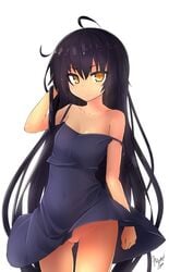 black_dress black_hair clothed_navel collarbone dress female hand_in_hair highres long_hair looking_at_viewer master_nemesis no_panties pussy signature simple_background solo strap_slip tilt-shift tilt-shift_(azalanz) to_love-ru to_love-ru_darkness uncensored very_long_hair white_background yellow_eyes