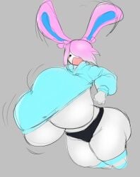 aiko_(imfrutty) black_shorts blue_hoodie drawncraft female hair_over_one_eye huge_breasts pink_hair pokemon pokemon_(species) pokemon_oc sylveon thigh_highs underboob wide_hips