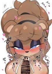 1girls anthro big_ass big_breasts blush brown_body brown_fur brown_hair censored cum_in_mouth fellatio fellatio_pov female five_nights_at_freddy's fnaf freddy_(fnaf) fredina's_nightclub frenni frenni_fazclaire furry furry_ears furry_female heart-shaped_pupils ikalokaloka24 looking_at_viewer scottgames straight