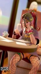 1girls 3d bracelets ear_piercing earrings epic_games female female female_only fishnets fortnite fortnite:_battle_royale green_eyes gridarts helsie_(fortnite) light-skinned_female light_skin looking_at_viewer mostly_clothed multicolored_hair no_panties painted_nails pointing ponytail pussy shaved_pussy sitting solo solo_female tagme vagina