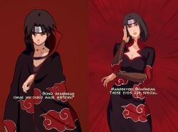 1boy 1boy1girl 1girls 2d akatsuki_(naruto) big_ass big_breasts black_dress black_hair brown_hair cape clothed clothing dress naruto red_eyes rule_63 sharingan simple_background solo transformation uchiha_itachi