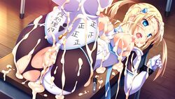 aqua_eyes blonde_hair bodysuit breasts censored clothing cum cum_on_body cum_on_breasts cum_on_upper_body facial female gloves hair_ornament hairclip hoshikawa_yuzuha indoors large_breasts legs_up long_hair lying makai_tenshi_djibril makai_tenshi_djibril_4 nipples on_back open_mouth pen solo table tied_hair torn_clothes twintails