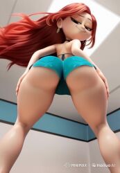 ai_generated bent_legs big_ass bikini_top blue_shorts booty_shorts chelsea_(ruby_gillman) choker earrings flowing_hair hands_on_thighs long_hair looking_down looking_down_at_viewer red_hair ruby_gillman,_teenage_kraken shorter_than_10_seconds smile smug tagme thick_thighs twerking video