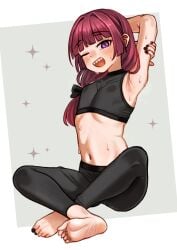 arms_up ass_visible_through_thighs belly_button_visible_through_clothing blush bocchi_the_rock! breasts drunk hakainoika happy hip_dips hiroi_kikuri sharp_teeth small_breasts smile tagme thick_thighs thighs yoga