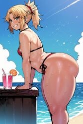 ai_generated big_ass big_butt big_thighs fate/grand_order huge_ass huge_butt huge_thighs looking_at_viewer mordred_(fate) mordred_(swimsuit_rider) plump small_breasts smile smiling synecdoche_(style) thick_thighs wet wet_body