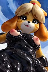 ai_generated animal_crossing anthro breasts dcx32 female furry goo goo_transformation isabelle_(animal_crossing) latex liquid_latex symbiote tagme tar transformation venom_(marvel)