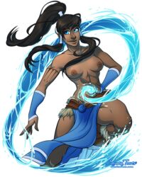 1girls artofcarmen avatar_legends avatar_the_last_airbender blue_eyes breasts brown_hair clothing dark-skinned_female dark_skin female female_only hair_tubes human korra long_hair looking_away medium_breasts navel nipples ponytail smile solo standing straight_hair the_avatar the_legend_of_korra tied_hair water water_tribe waterbending