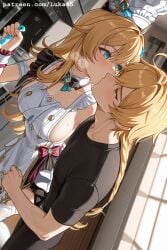 1boy 1girl aether_(genshin_impact) ai_generated apron blonde_hair blue_eyes blush blush_lines blushing breast chef chef_hat cooking escoffier_(genshin_impact) female genshin_impact hoyoverse kissing long_hair luka45 mihoyo patreon patreon_reward patreon_url patreon_username ribbon sideboob thighhighs thighs wet wet_body yellow_eyes