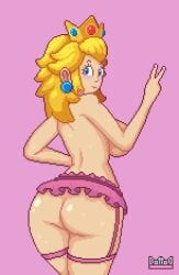 1female 1girls artist_name ass back back_view behind_view big_breasts blonde blonde_female blonde_hair blonde_hair_female blue_eyes breasts butt crown female garter_belt headgear lingerie mario_(series) nintendo pink_background pixel_art pixeldottod princess_peach smile super_mario_bros.