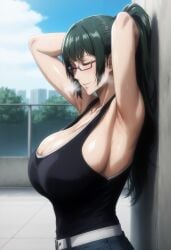 1boy 1girls ai_generated armpits bare_shoulders big_breasts big_hips blush clothing curvy denim_shorts female female_focus female_only glasses green_hair hands_behind_head huge_breasts jujutsu_kaisen kikia1 pants patreon ponytail ripped_clothing skindentation sneakers t-shirt tagme tagme_(artist) tight tight_clothing torn_clothes zenin_maki