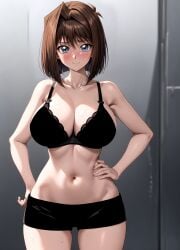 1girl ai_generated bare_arms bare_shoulders black_bra black_panties black_shorts blue_eyes blurry blurry_background blush bob_cut boyshort_panties boyshorts bra breasts brown_hair cleavage closed_mouth collarbone cowboy_shot doorway female hair_between_eyes hair_intakes hands_on_own_hips indoors lace-trimmed_bra lace_trim large_breasts looking_at_viewer mazaki_anzu medium_hair navel nervous_smile panties pixiv rena_aikawa_(pixiv_user) short_hair short_shorts shorts smile solo stable_diffusion standing stomach sweat sweatdrop tagme tea_gardner thighs underwear underwear_only yu-gi-oh! yu-gi-oh!_duel_monsters