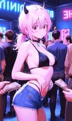 bikini choker lights money oc offering_money original_character party pink_hair red_eyes shorts succubus succubus_horns the_pink_succubus vinny_bonnet