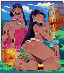 absurdres anklet architecture ass bare_shoulders black_hair blunt_bangs blunt_sidelocks bracelet breasts brown_lips chel_(the_road_to_el_dorado) crop_top crossed_legs dark-skinned_female dark_skin earrings female from_behind highres jewelry kneeling long_hair looking_at_viewer mayan_clothes mesoamerican_architecture multiple_views nipple_piercing nipple_rings nipples piercing pink_tube_top sitting speedoru strapless the_road_to_el_dorado thick_thighs thighs tube_top two-tone_tube_top white_loincloth