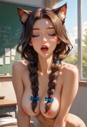 ai_generated anime_style blue_bow braids catgirl classroom topless