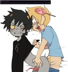 alien alien/human alien_genitalia alien_humanoid angry angry_sex aspendixx black_hair black_iris black_shirt blonde_hair blue_shirt blush_lines colored colored_cum elf_ears eyewear gay gay_sex glasses grey_skin hair_accessory hair_ornament homestuck homestuck_troll horns john_egbert karkat_vantas male male/male male_focus male_only partially_clothed pubic_hair request sweatdrop tentabulge tentacle_penis trickster_mode unusual_anatomy unusual_penis yellow_sclera