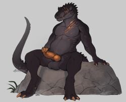 adalfyre anthro balls claws dinosaur erection genitals male male_anthro non-mammal_balls nude on_rock orange_eyes orange_penis penis prehistoric_species reptile rock scalie scar sharp_teeth sitting sitting_on_rock solo tail teeth theropod tyrannosaurid tyrannosauroid tyrannosaurus tyrannosaurus_rex