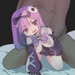 alice_(trickcal_re:vive) forced large_breasts looking_back on_bed purple_eyes purple_hair trickcal_re:vive