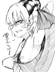 angry angry_face armpit armpit_sweat arms_up bandage bandage_on_nipples breasts pointy_ears sharp_teeth shirt_pull sideboob sweat sweatdrop taotie_(mythology) touhou toutetsu_yuuma yuuma_toutetsu