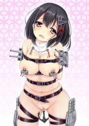 arms_behind_back black_hair blush bondage bondage breasts brown_eyes clitoris clitoris_piercing detached_collar female female haguro_(kantai_collection) kantai_collection kishimen long_hair looking_at_viewer navel nipple_piercing nipples nude open_mouth piercing pussy solo standing uncensored