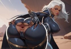 ai_generated alternate_version_at_source anus ass ass_focus big_ass big_breasts big_butt blue_eyes dark-skinned_female dark_skin day desert female female giant_ass human human_female hypet looking_at_viewer looking_back marvel marvel_rivals outdoors solo solo_female spread_anus spread_butt storm_(marvel_rivals) storm_(x-men) suit thick thick_thighs thigh_highs thighs tight_clothing video_game_character white_hair