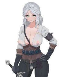 breasts ciri female freckles green_eyes lactating lactation light-skinned_female looking_at_viewer mascara milking nipples nipples_visible_through_clothing oppaihobby scar solo sword the_witcher_(series) the_witcher_3:_wild_hunt white_hair witcher_medallion