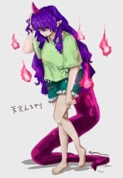 bare_legs barefoot horn koyane_(silver81106) legs pointy_ears purple_hair scratching_head tail tenkajin_chiyari tired tired_eyes touhou walking