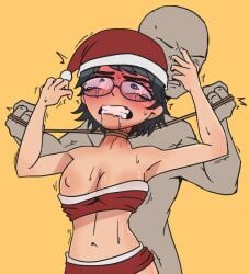 1girls breast_out breasts choked choking crying female glasses nipples rattminded resisting santa_costume santa_hat sweat tagme tears